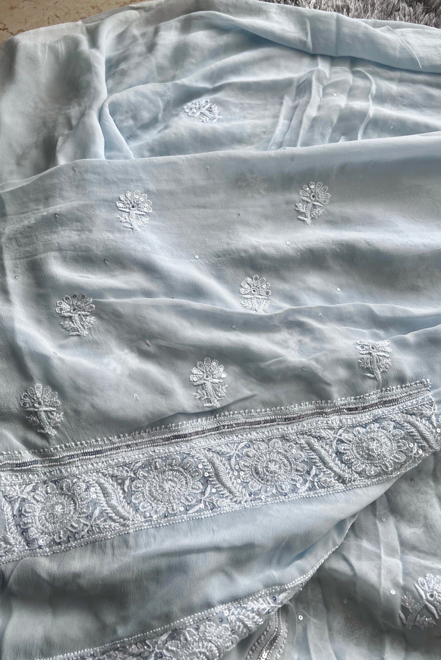 Suhaan Powder Blue Chikankari pearl sequins kurta and dupatta